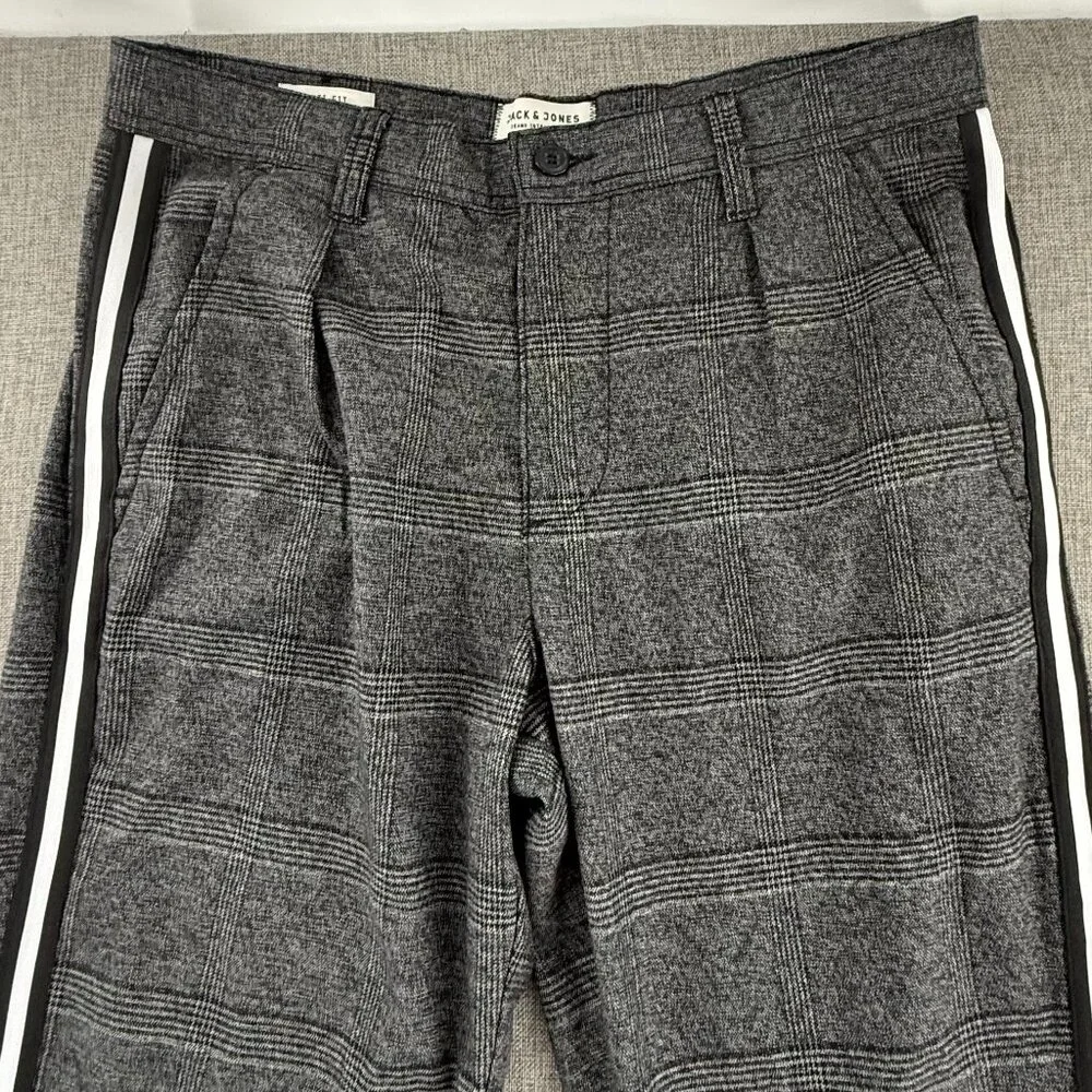 Mens Jack & Jones Plaid Pants Gray Black White Side Stripe Trousers 32x34 casual